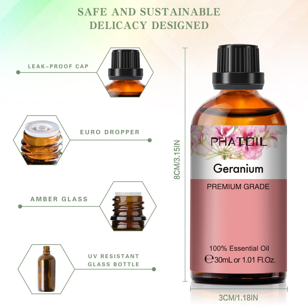 Geranium Essential Oil 1.01fl.oz/30ml – PHATOIL Premium Long Lasting Scent for Aromatherapy, Diffuser, DIY Soap & Candle Making