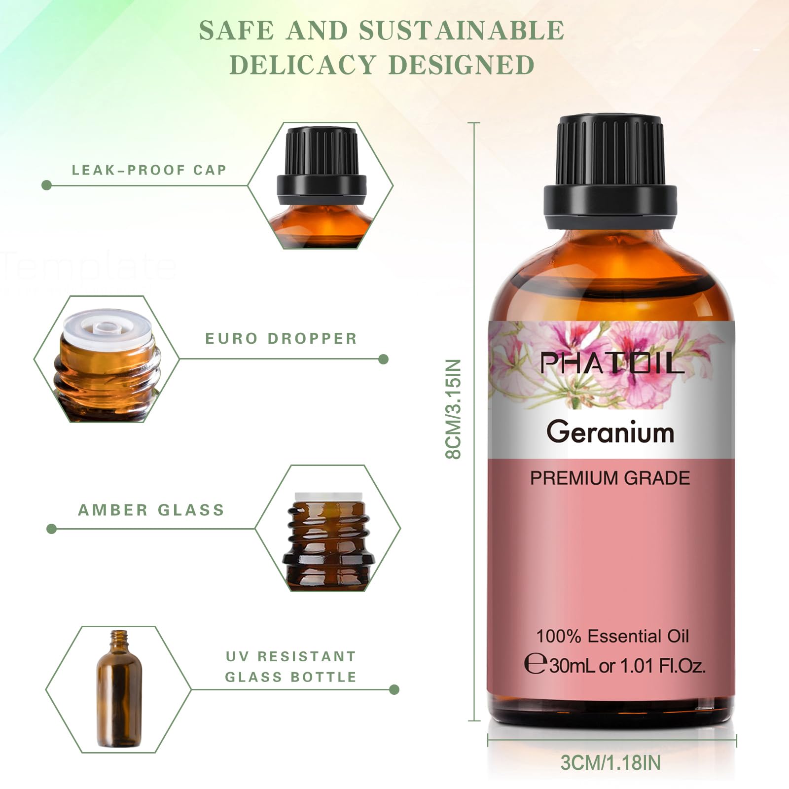 Geranium Essential Oil 1.01fl.oz/30ml – PHATOIL Premium Long Lasting Scent for Aromatherapy, Diffuser, DIY Soap & Candle Making