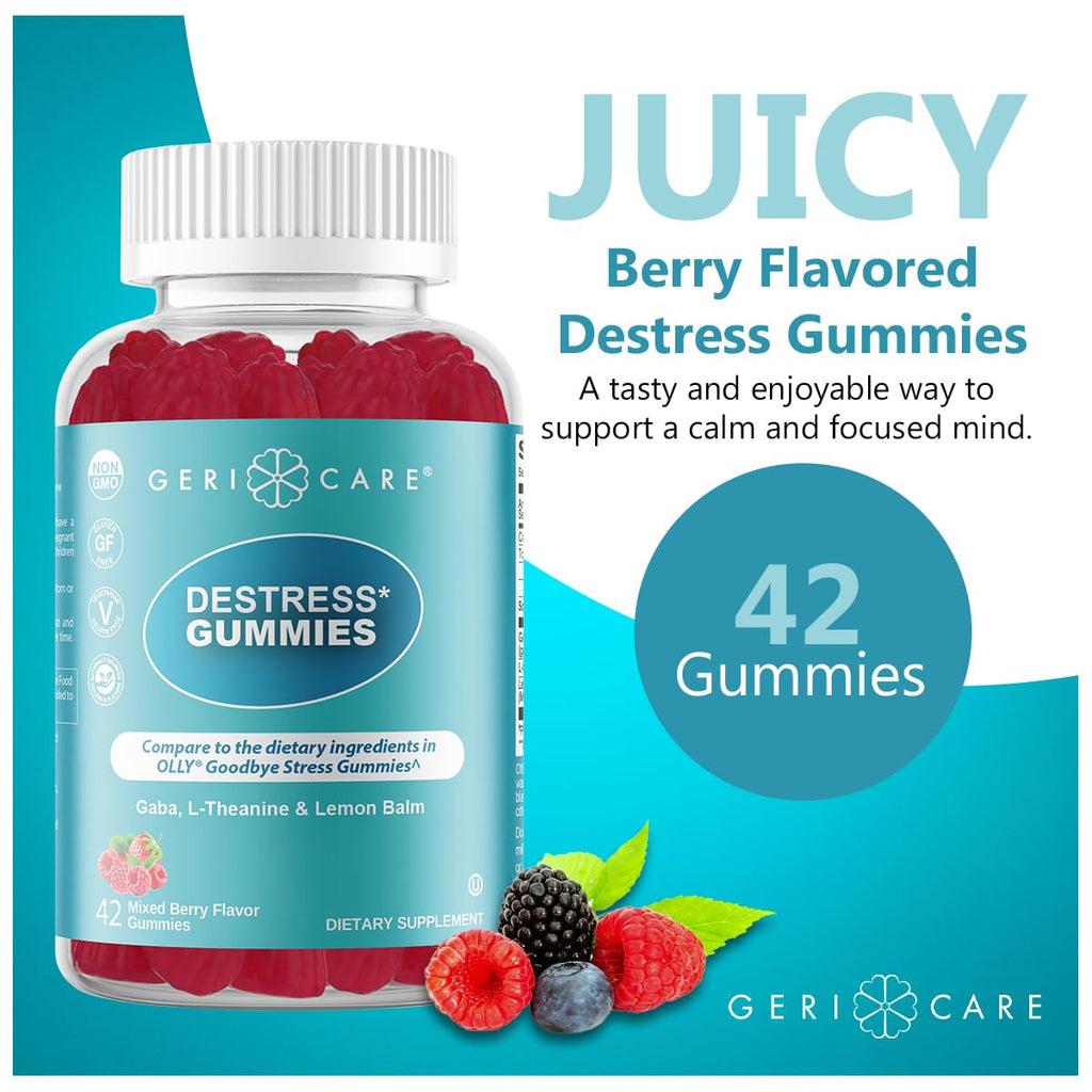 GeriCare DeStress Gummies – GABA, L-Theanine & Lemon Balm (Mixed Berry) – 42 Count – Non-GMO, Gluten-Free, Vegan