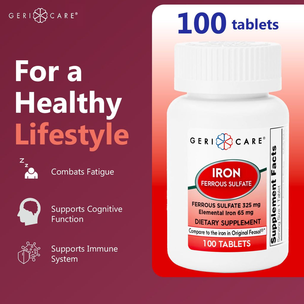 GeriCare Ferrous Sulfate 325mg | Elemental Iron 65mg High Potency Iron Supplement | 100 Count