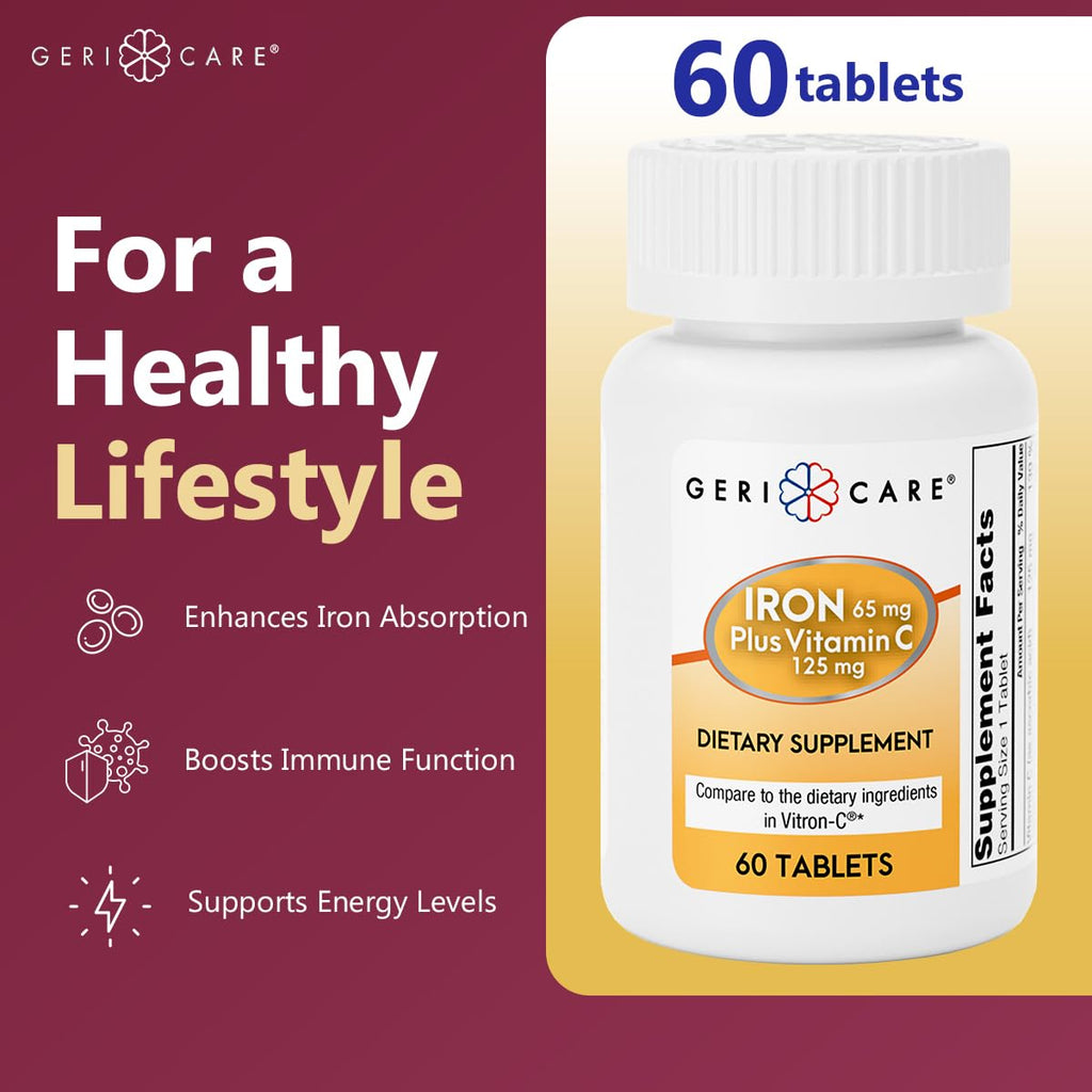 GeriCare Iron 65mg + Vitamin C 125mg Tablets – High-Absorption Iron for Anemia Support (60 Count, 2 Pack)