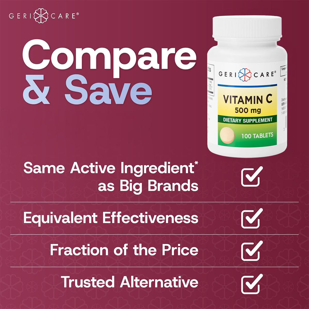 GeriCare Vitamin C 500 mg – Immune Support & Antioxidant Tablets, 100 Count