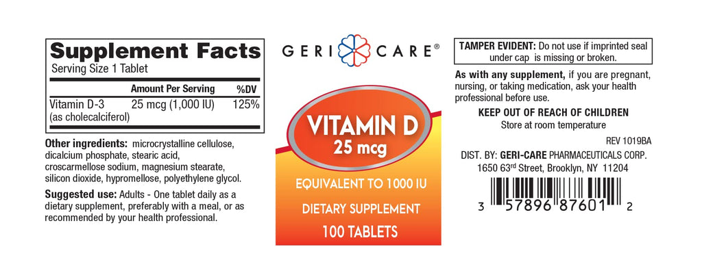 GeriCare Vitamin D 25mcg Tablets – Bone Health & Immune Support (100 Count)