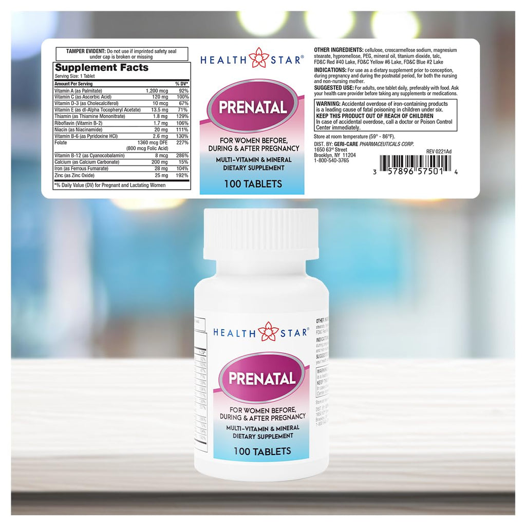 GeriCare Prenatal Multivitamin & Minerals – Folate, Vitamin C, Vitamin D, Iron, Calcium, B12 | 100 Count (Pack of 2)