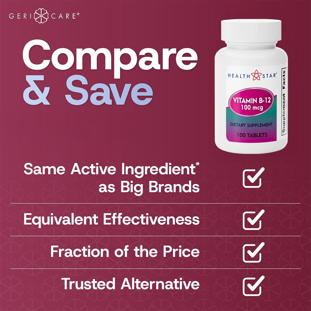 GeriCare Vitamin B-12 100mcg Tablets – Energy, Brain & Nervous System Support | 100 Count