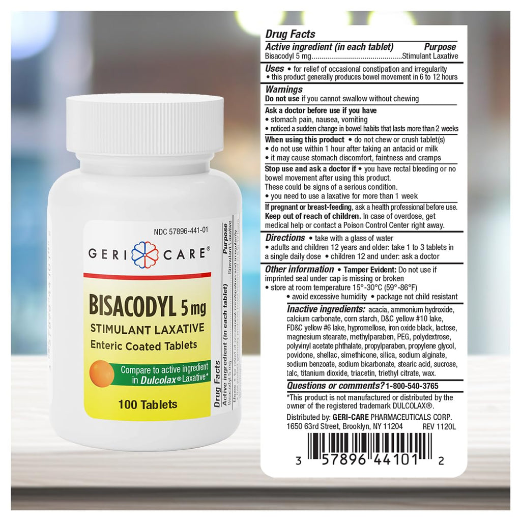 GeriCare Bisacodyl 5 mg Laxative – 200 Count Pack of 2 | Gentle Overnight Relief