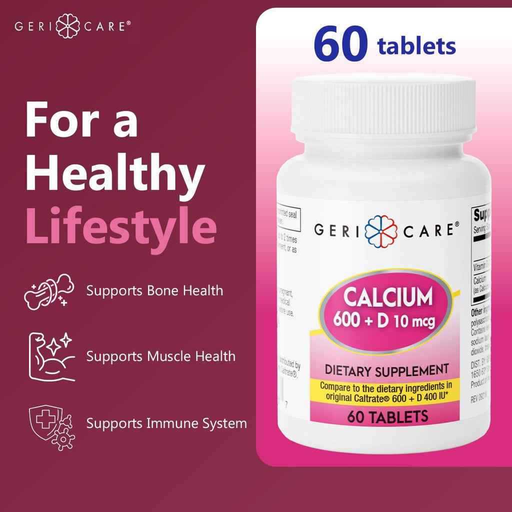 GeriCare Calcium 600mg + Vitamin D3 10mcg | Bone Health Supplement, 60 Count