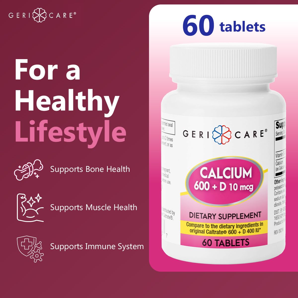 GeriCare Calcium 600mg + Vitamin D3 10mcg | Bone Health Supplement, 60 Count