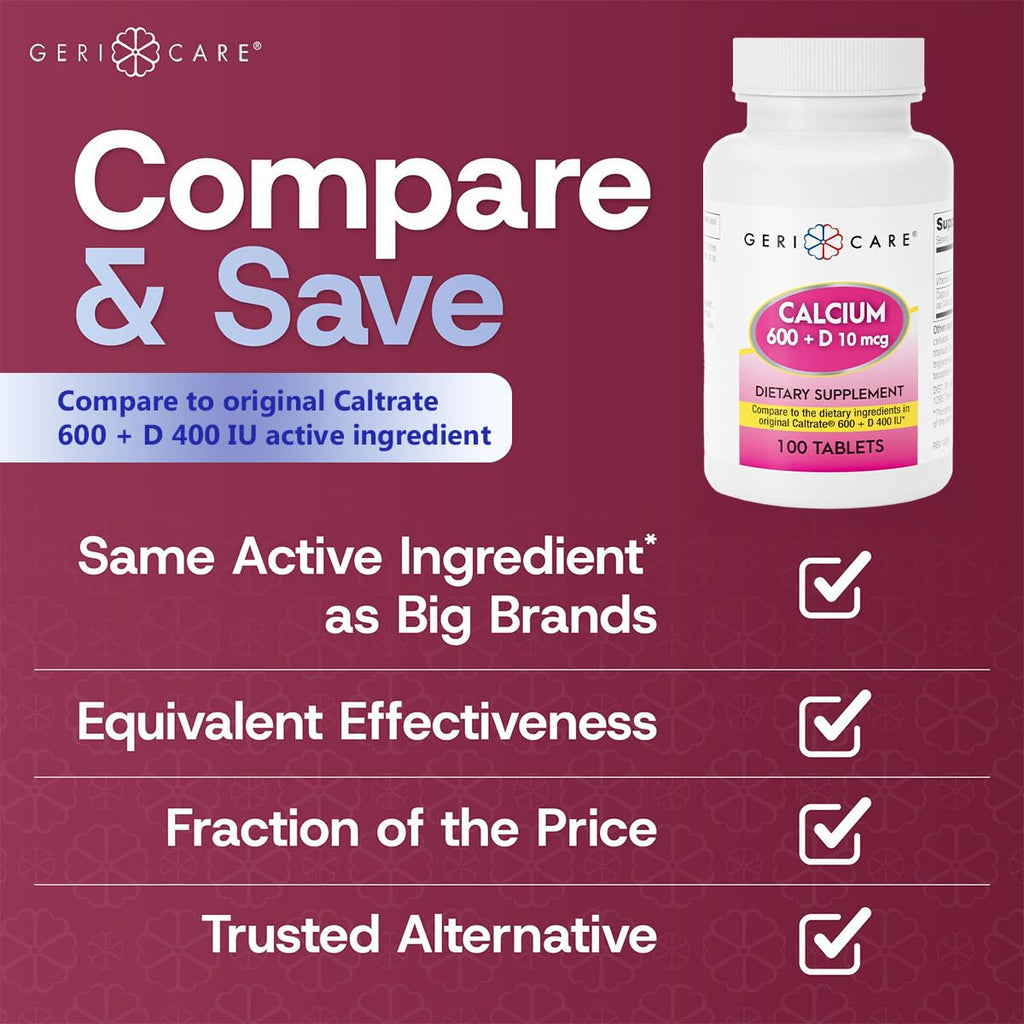 GeriCare Calcium 600mg + Vitamin D 400IU Tablets | Bone Health Support