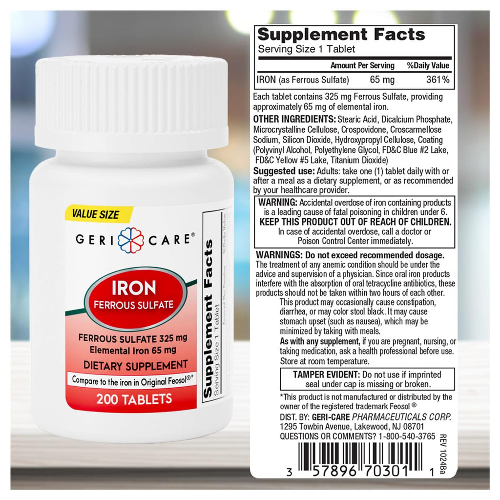 GeriCare Ferrous Sulfate Tablets 325mg | High Potency Iron 65mg – 200 Count