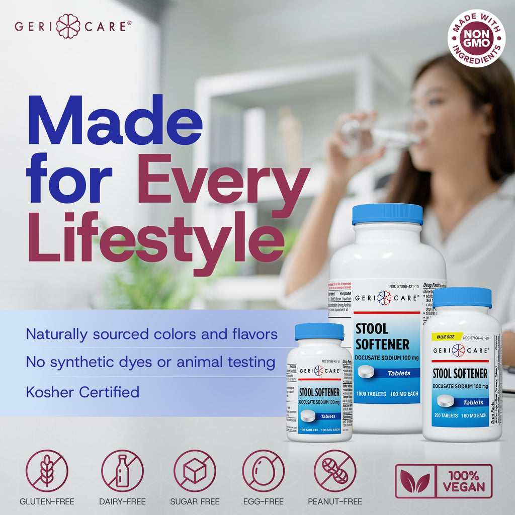 GeriCare Docusate Sodium Stool Softeners 100mg – Dye Free, USA Made, Compared to Colace Regular Strength