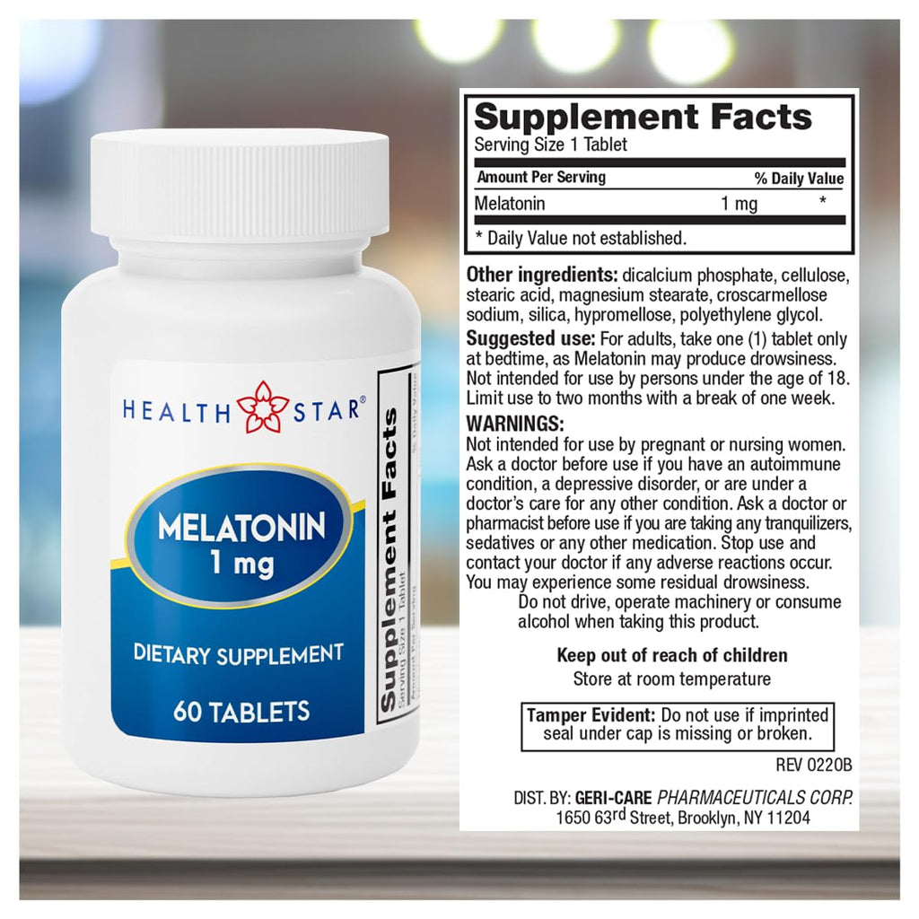 GeriCare Melatonin 1mg Sleep Support - 60 Tablets | Non-Habit Forming Nighttime Aid