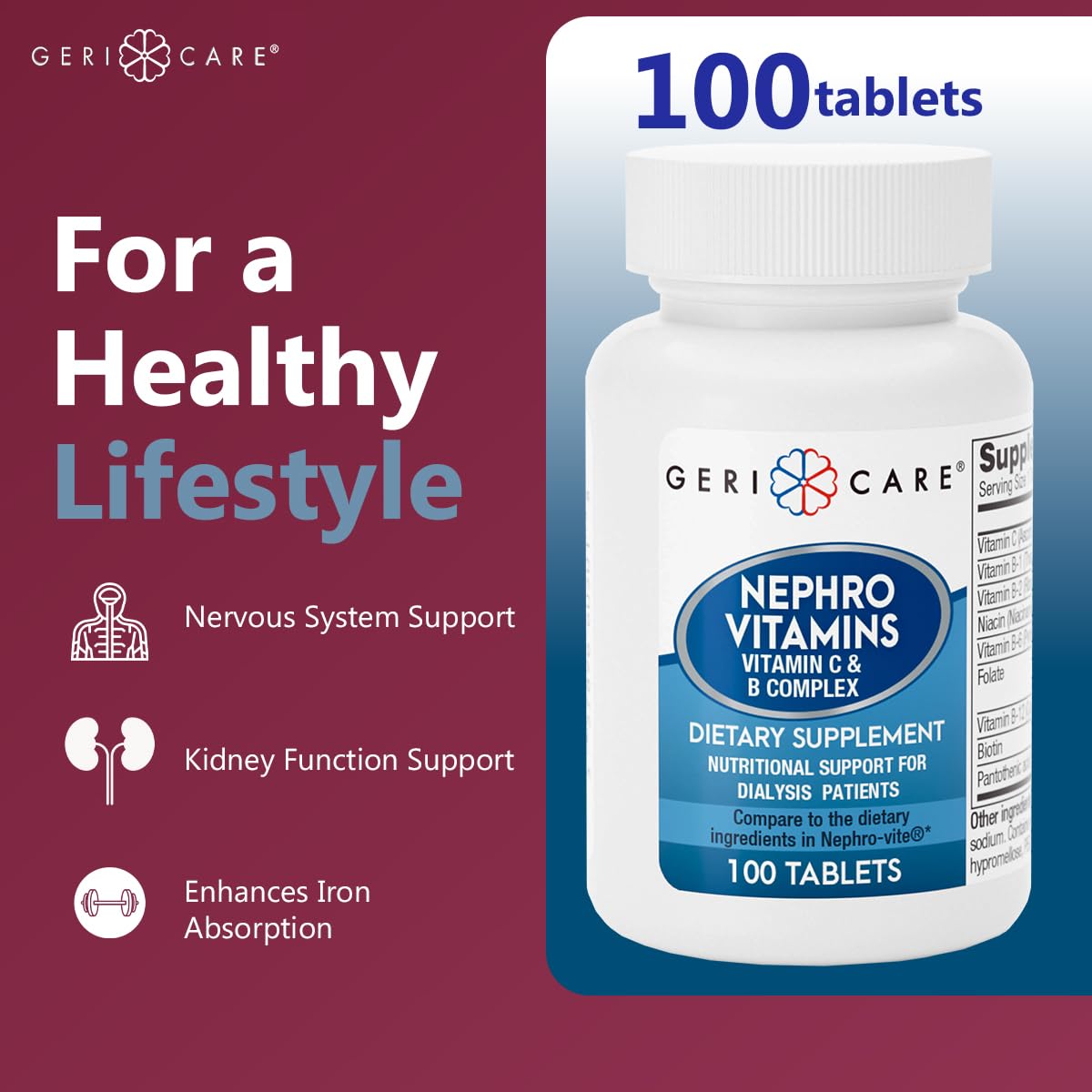 GeriCare Nephro Vitamin C & B Complex Tablets – Kidney Health & Energy (100 Count)