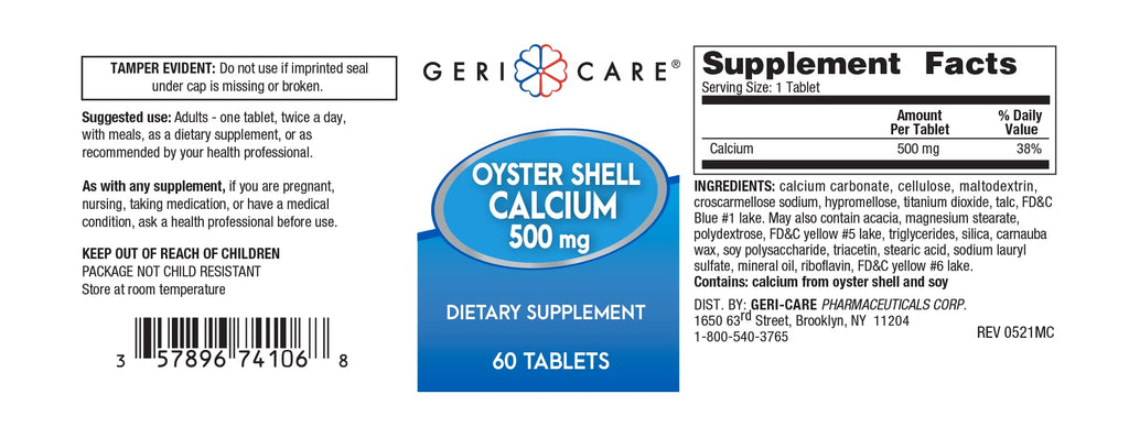 Gericare Oyster Shell Calcium 500 mg – Bone Health Supplement, 60 Count