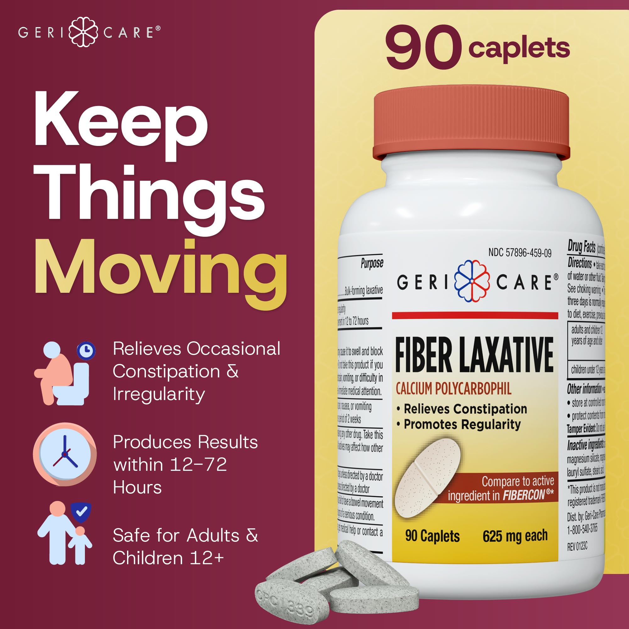 GeriCare Fiber Laxative Caplets 625mg | Calcium Polycarbophil for Gentle Digestion, 2-Pack (90 Count Each)