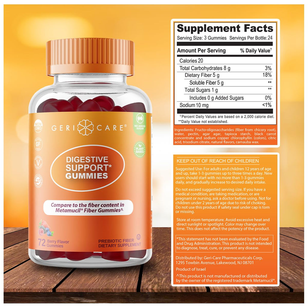 GeriCare Prebiotic Digestive Support Gummies Berry Flavor (72 Count, 2 Pack) – Plant-Based, Non-GMO, Gluten-Free & Vegan