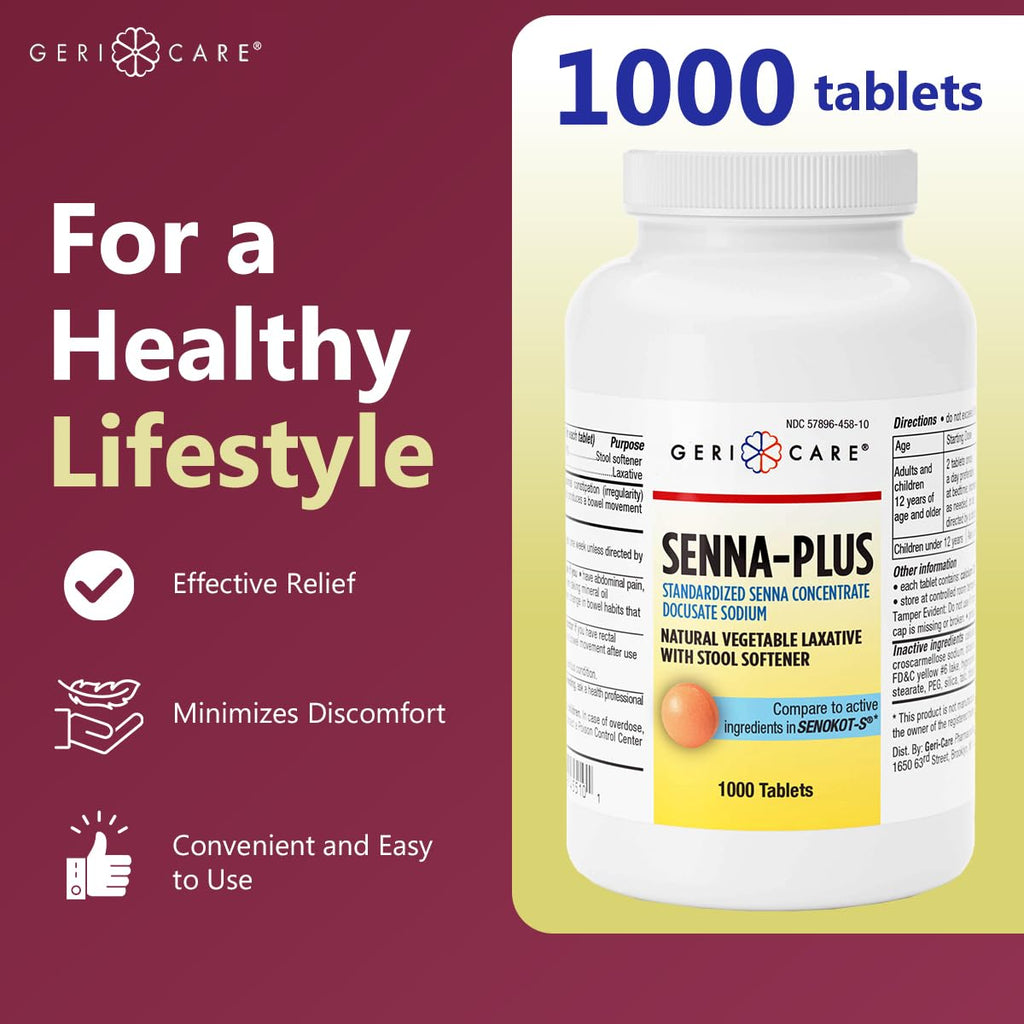 GeriCare Senna Plus Laxative Tablets 50 mg/8.6 mg – 1000 Tablets | Docusate Sodium + Sennosides