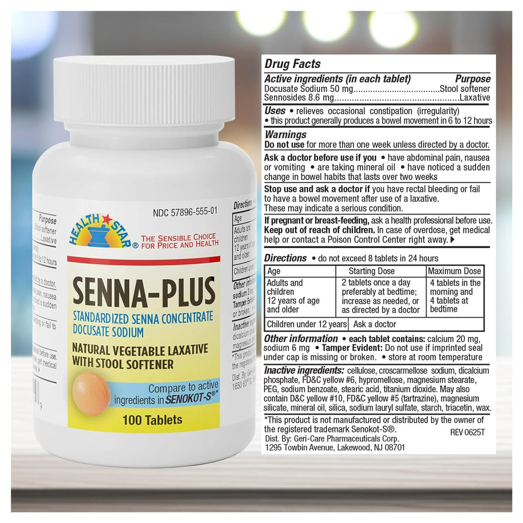 GeriCare Senna Plus Natural Laxative with Stool Softener – 200 Tablets (Pack of 2)