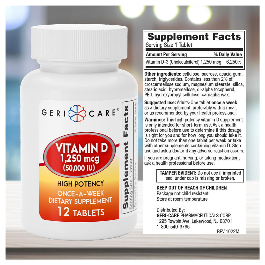 GeriCare Vitamin D 1,250 mcg (50,000 IU) Weekly – Supports Bone Density, Immune Function, and Muscle Health | 12 Count