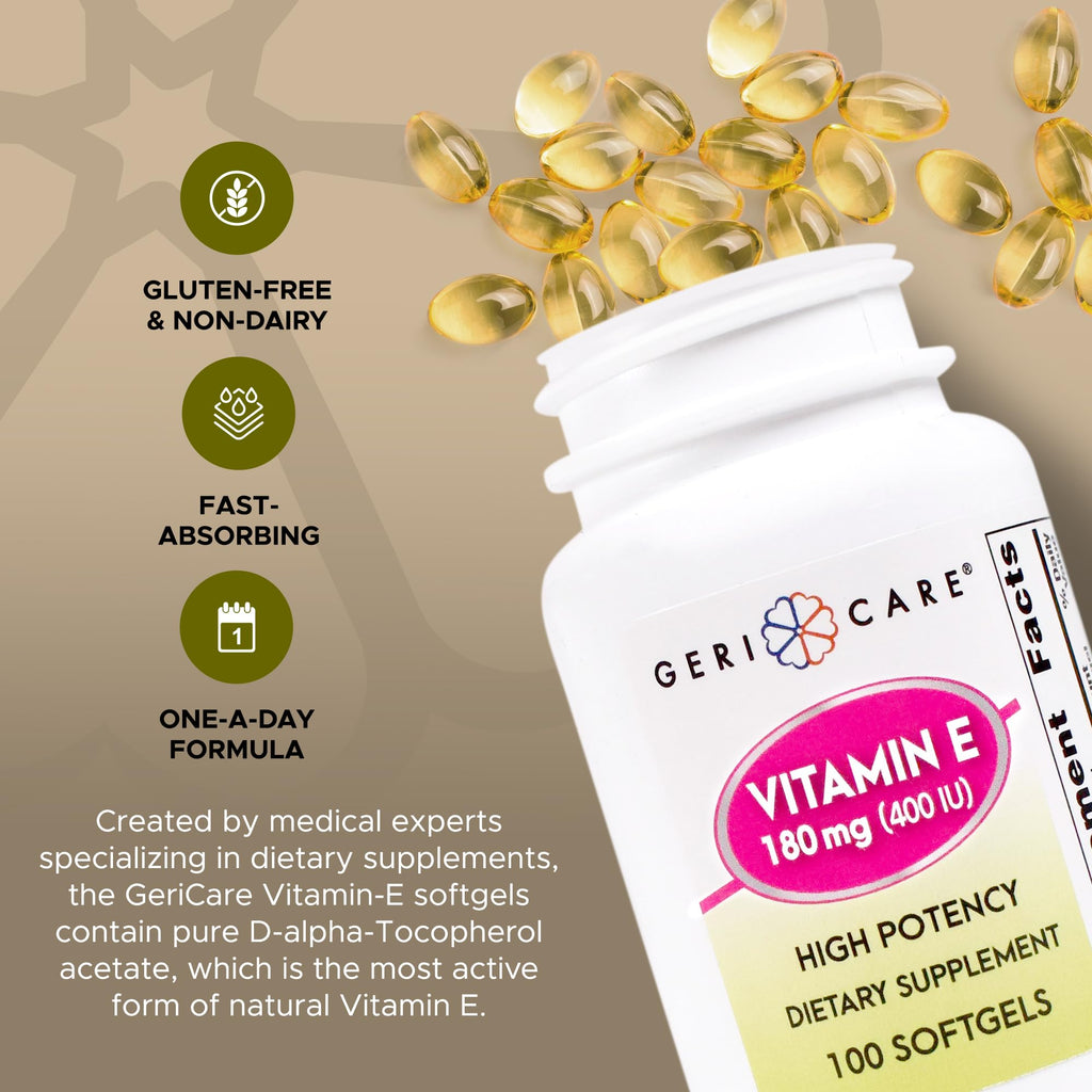 GeriCare High-Potency Vitamin E Capsules – 3 Potencies (100/400/1000 IU) | 100 Count | For Women & Men
