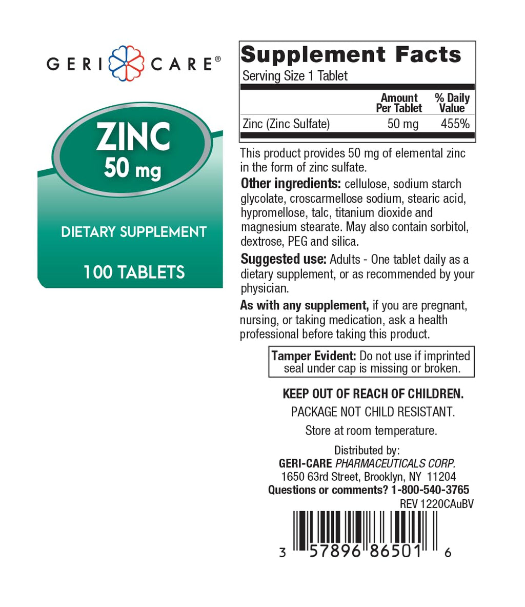 GeriCare Zinc Sulfate 50mg Dietary Supplement – 100 Count