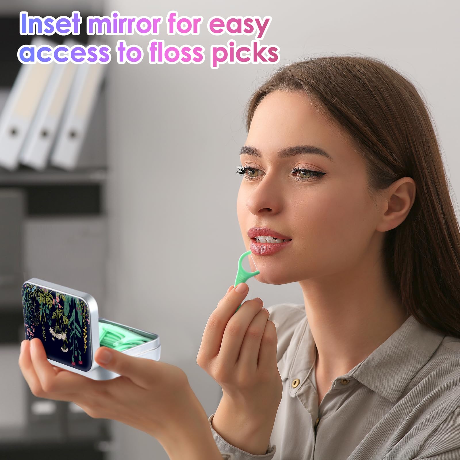 Gerkia Dental Floss Portable Case – Travel Dispenser with Mirror (Black Flower)