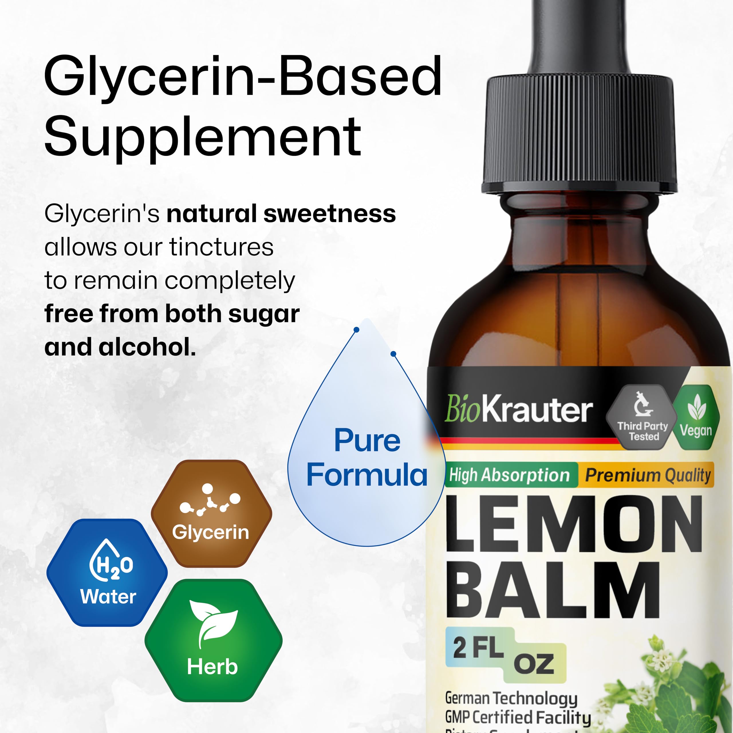 BIO KRAUTER® Lemon Balm Tincture 680 mg – Pure Vegan Melissa Officinalis Extract, 2 Fl Oz, 28 Days of Supply, Calming Sleep Support