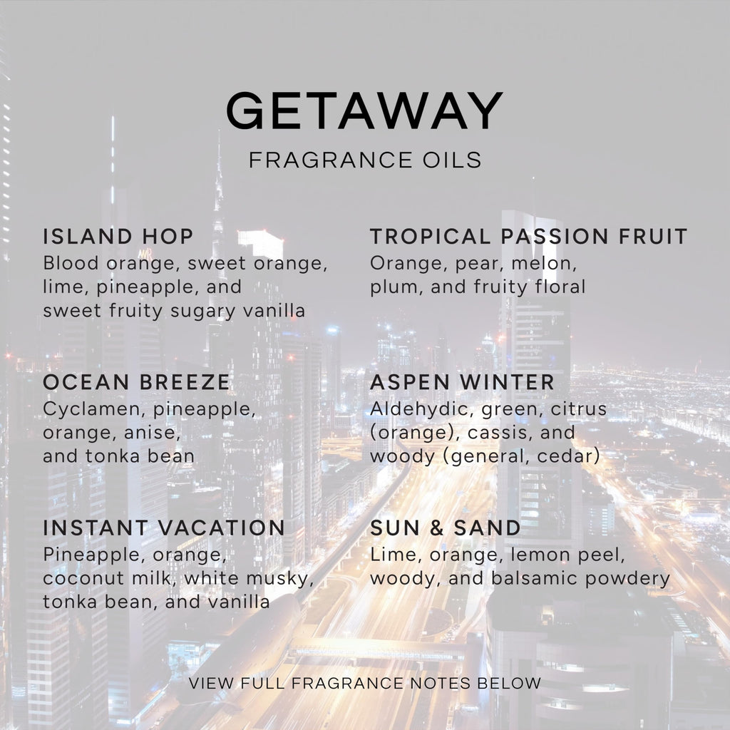 Get Away Gift Set: 6 Premium Fragrance Oils (10ml each) – Island Hop, Ocean Breeze, Tropical Passion Fruit, Aspen Winter, Instant Vacation, Sun & Sand