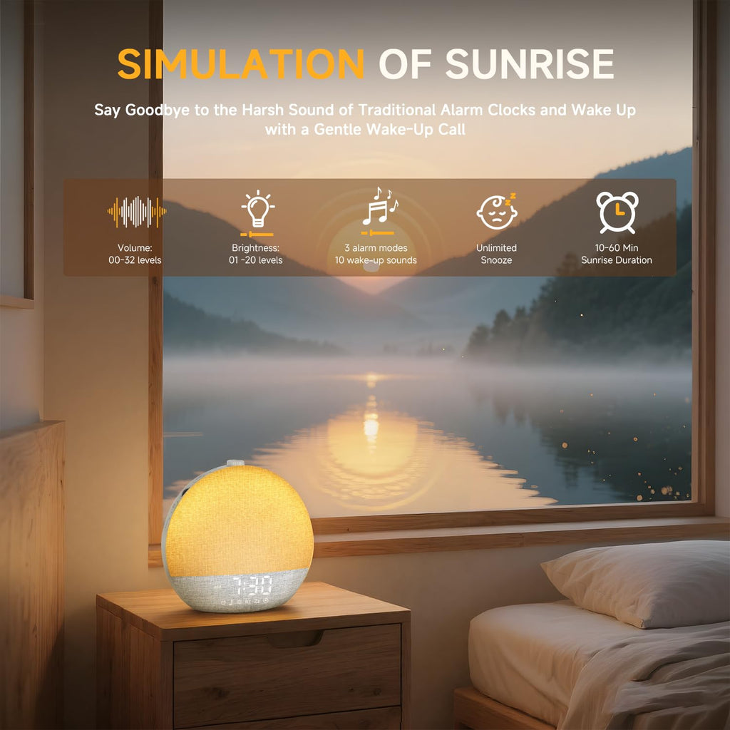 Geuuap Sunrise Alarm Clock with White Noise & Sleep Lights | Gentle Wake-Up, Bluetooth Speaker, Screen-Free