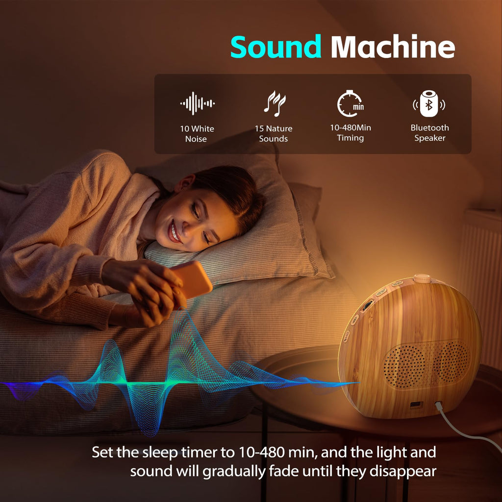 Geuuap Wood Grain Sunrise Alarm Clock — 25 Sounds, 17 Lights, Bluetooth Speaker