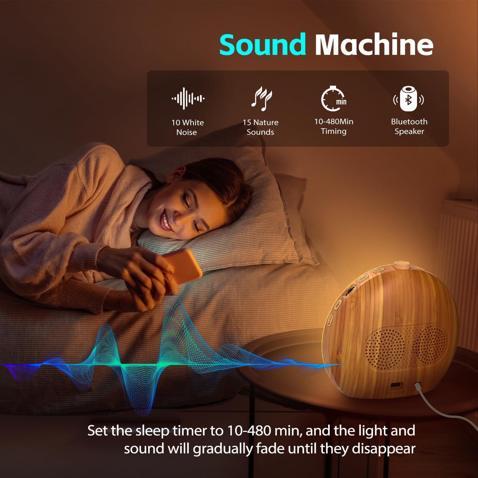 Geuuap Wood Grain Sunrise Alarm Clock — 25 Sounds, 17 Lights, Bluetooth Speaker