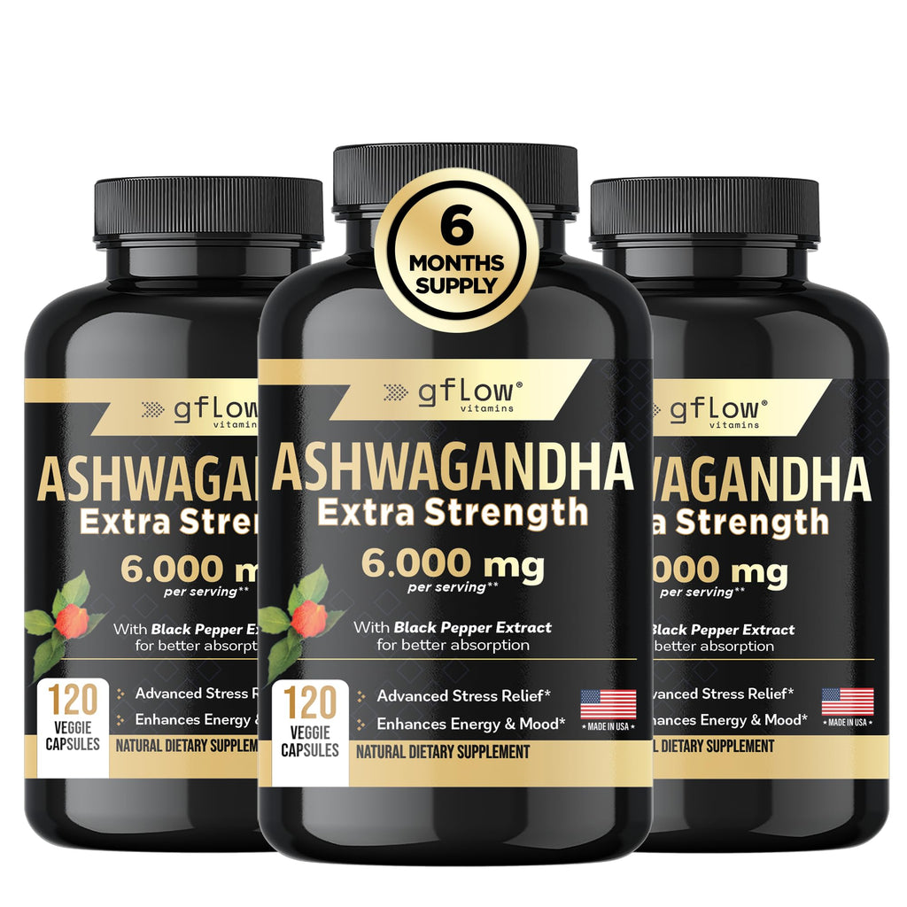 gflow vitamins Ashwagandha 6000mg – Extra Strength, vegan, non-GMO – Made in USA | Sleep, Mood & Energy | Pack of 3