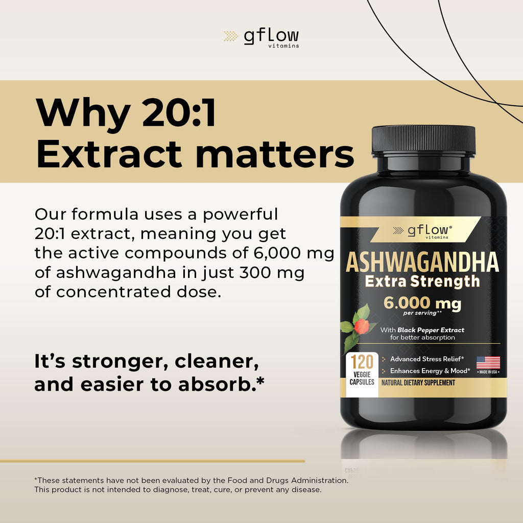 Gflow Ashwagandha 6000mg – Extra Strength for Women & Men | Sleep, Mood & Energy | Made in USA