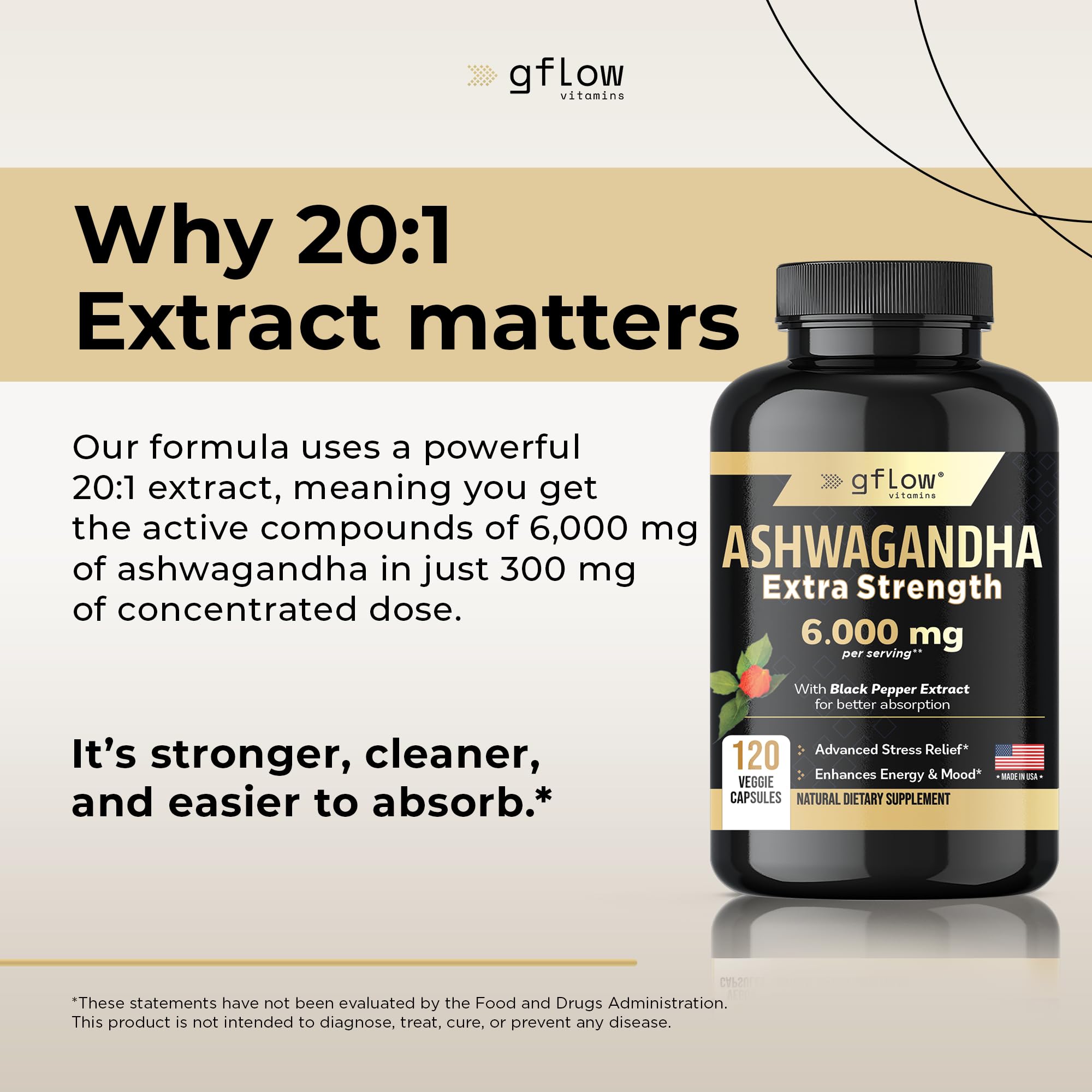 gflow vitamins Ashwagandha 6000mg – Extra Strength, vegan, non-GMO – Made in USA | Sleep, Mood & Energy | Pack of 3