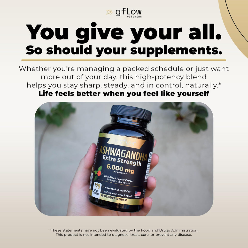 gflow vitamins Ashwagandha 6000mg – Extra Strength, vegan, non-GMO – Made in USA | Sleep, Mood & Energy | Pack of 3