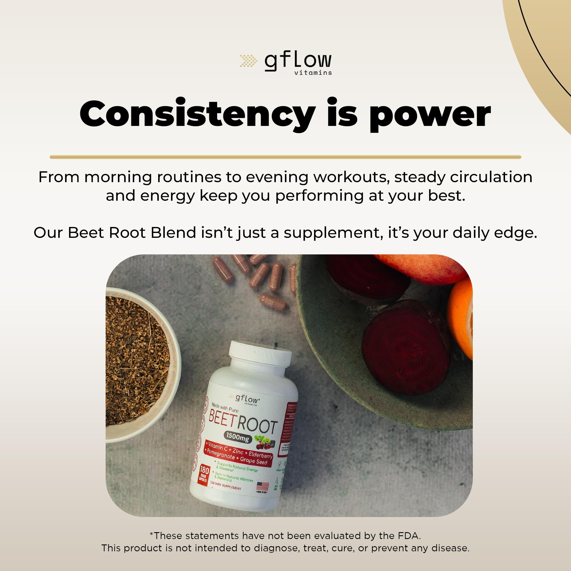 Gflow Beet Root Capsules Organic - Heart Health & Stamina | Non-GMO, 180 Veggie Caps | Made in USA