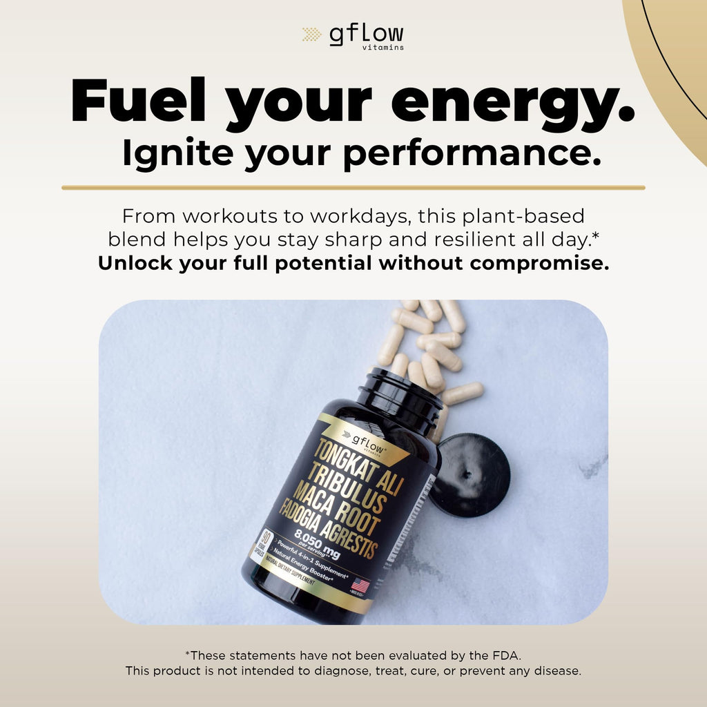 Gflow Vitamins Tongkat Ali for Men & Women - Extra Strength Formula | Stamina, Energy, Mood Support | Made in USA