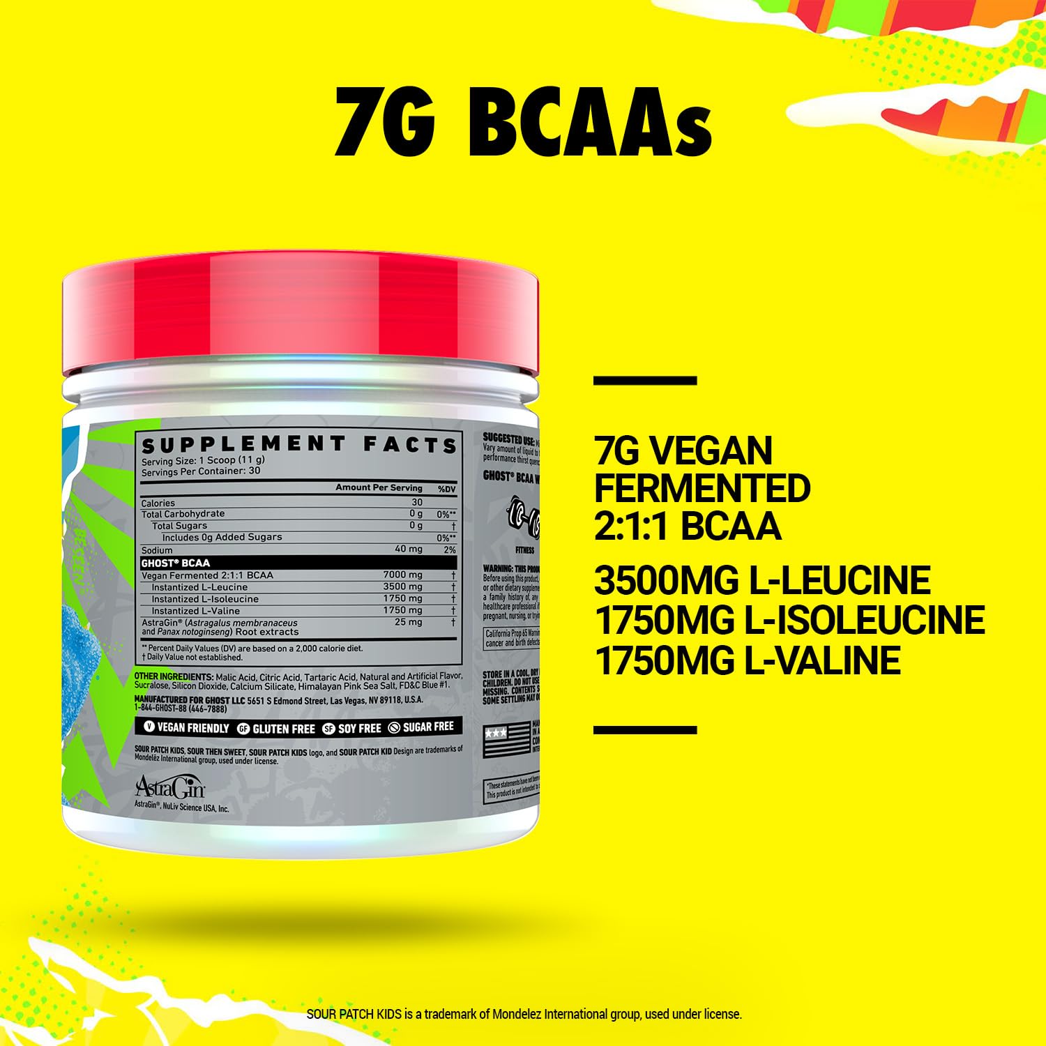 GHOST BCAA Powder – Blue Raspberry Sour Patch Kids, Sugar-Free, 30 Servings