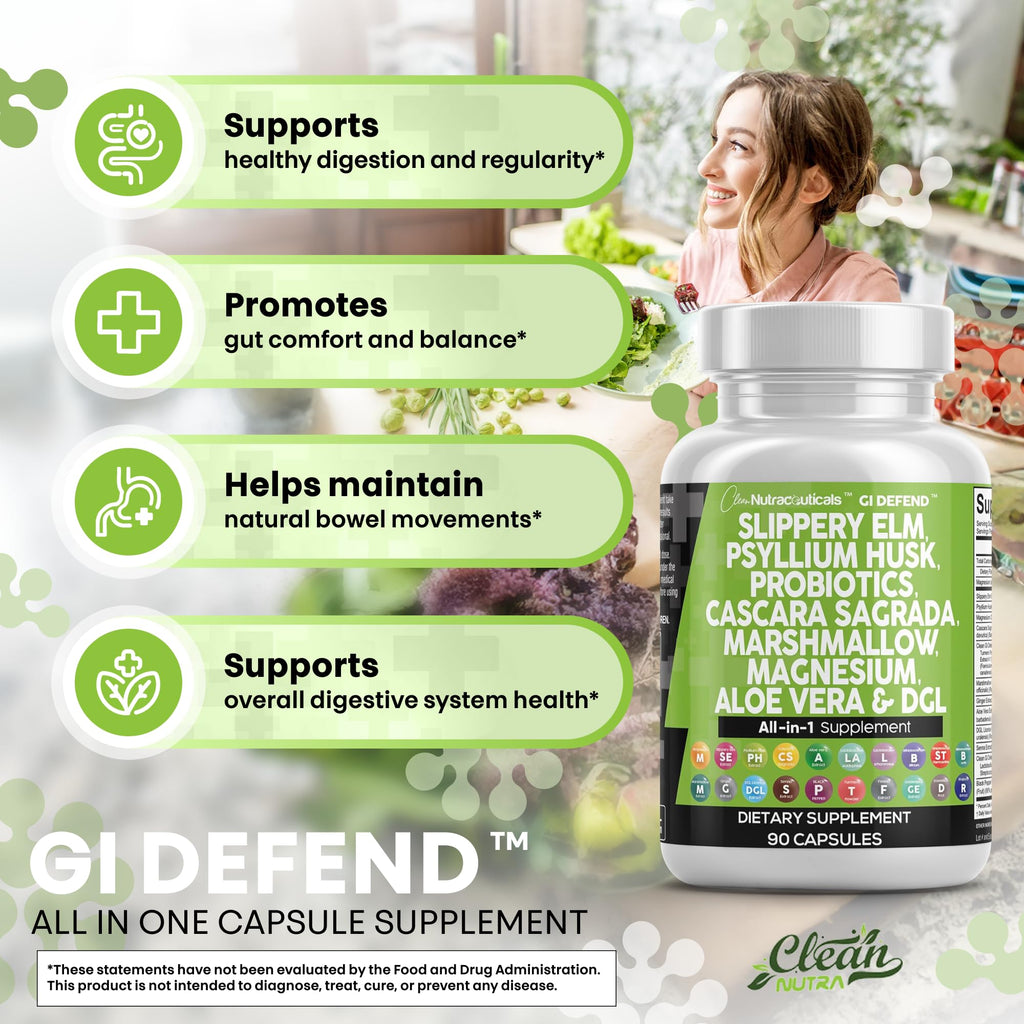 Clean Nutraceuticals GI Defend - All-In-One Digestive Health Supplement with Slippery Elm, Psyllium Husk, Probiotics, Aloe Vera & Herbal Extracts