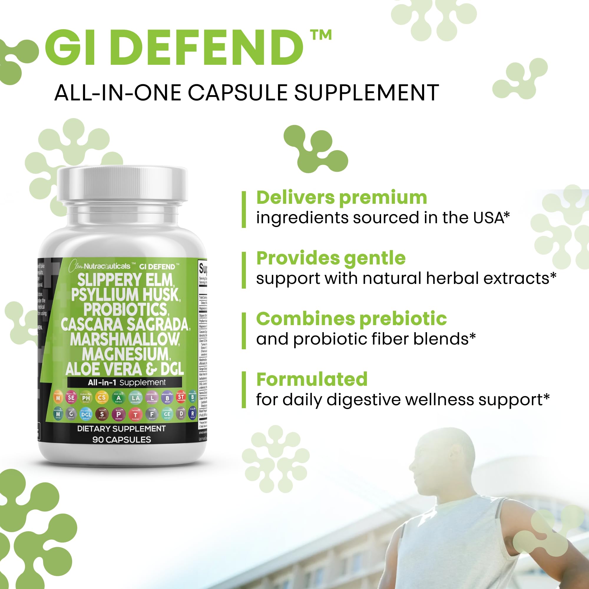 Clean Nutraceuticals GI Defend - All-In-One Digestive Health Supplement with Slippery Elm, Psyllium Husk, Probiotics, Aloe Vera & Herbal Extracts