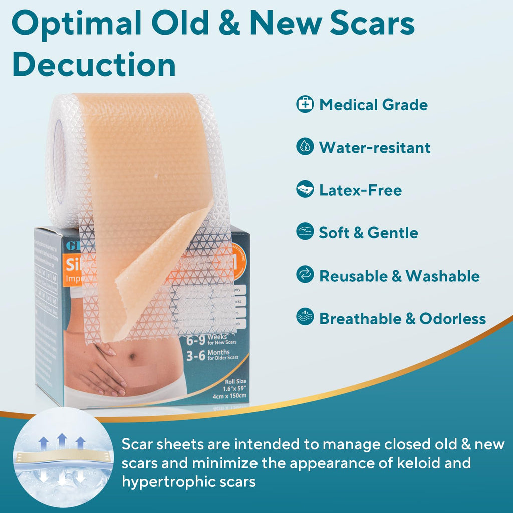 GIATENL Silicone Scar Sheets – Reusable Scar Tape for Surgical, Keloid & C-Section Scars | 1.6″ x 118″ Roll (3m)