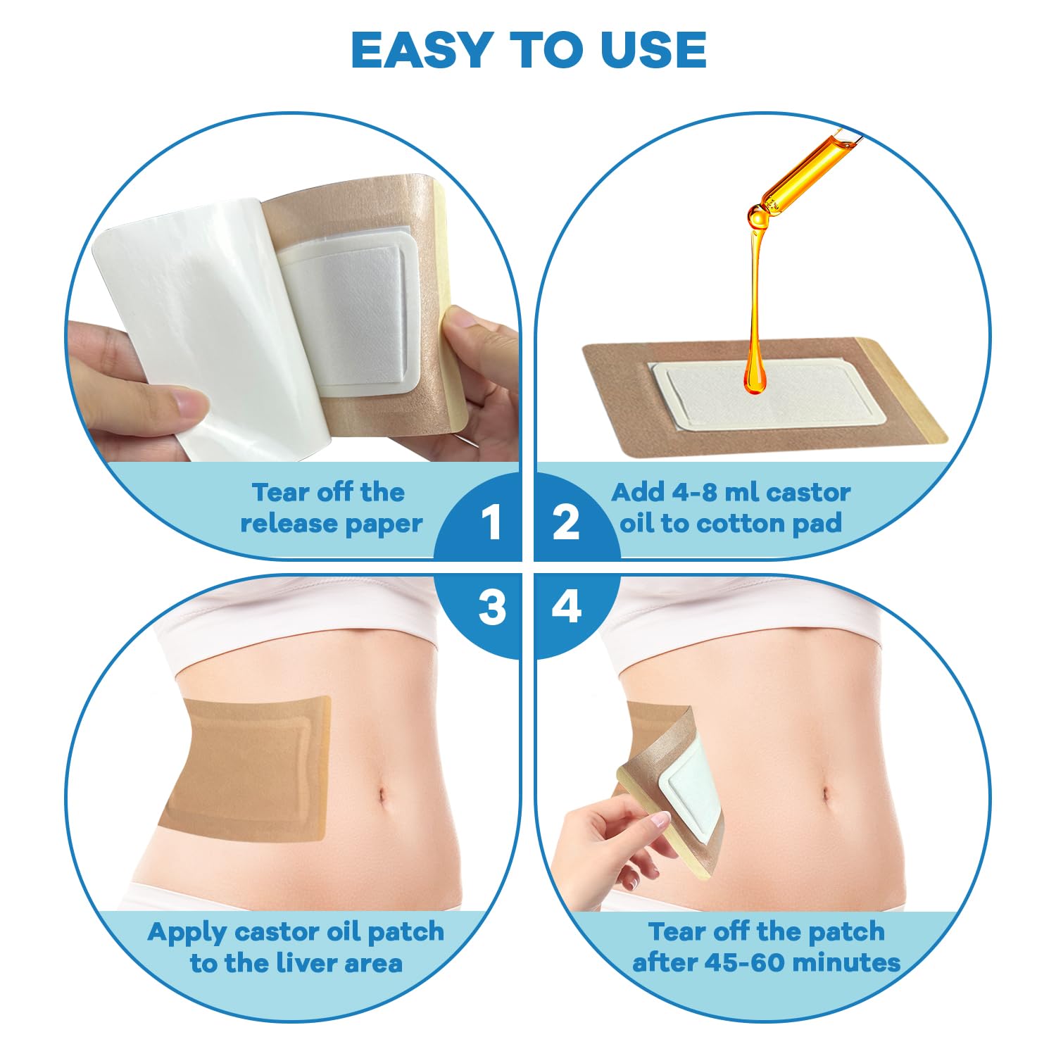 32 Pcs Castor Oil Patches – Disposable Castor Oil Packs (5.1 x 3.9 in) – Anti-Leakage Organic Cotton
