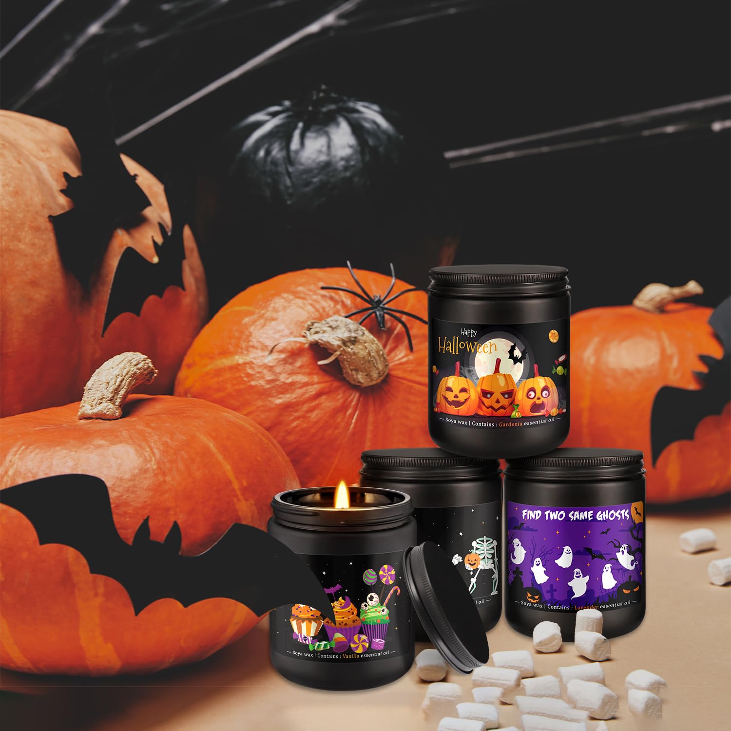 4 Pack 8oz Halloween Scented Candles – Soy Wax Home Decor Gift Set