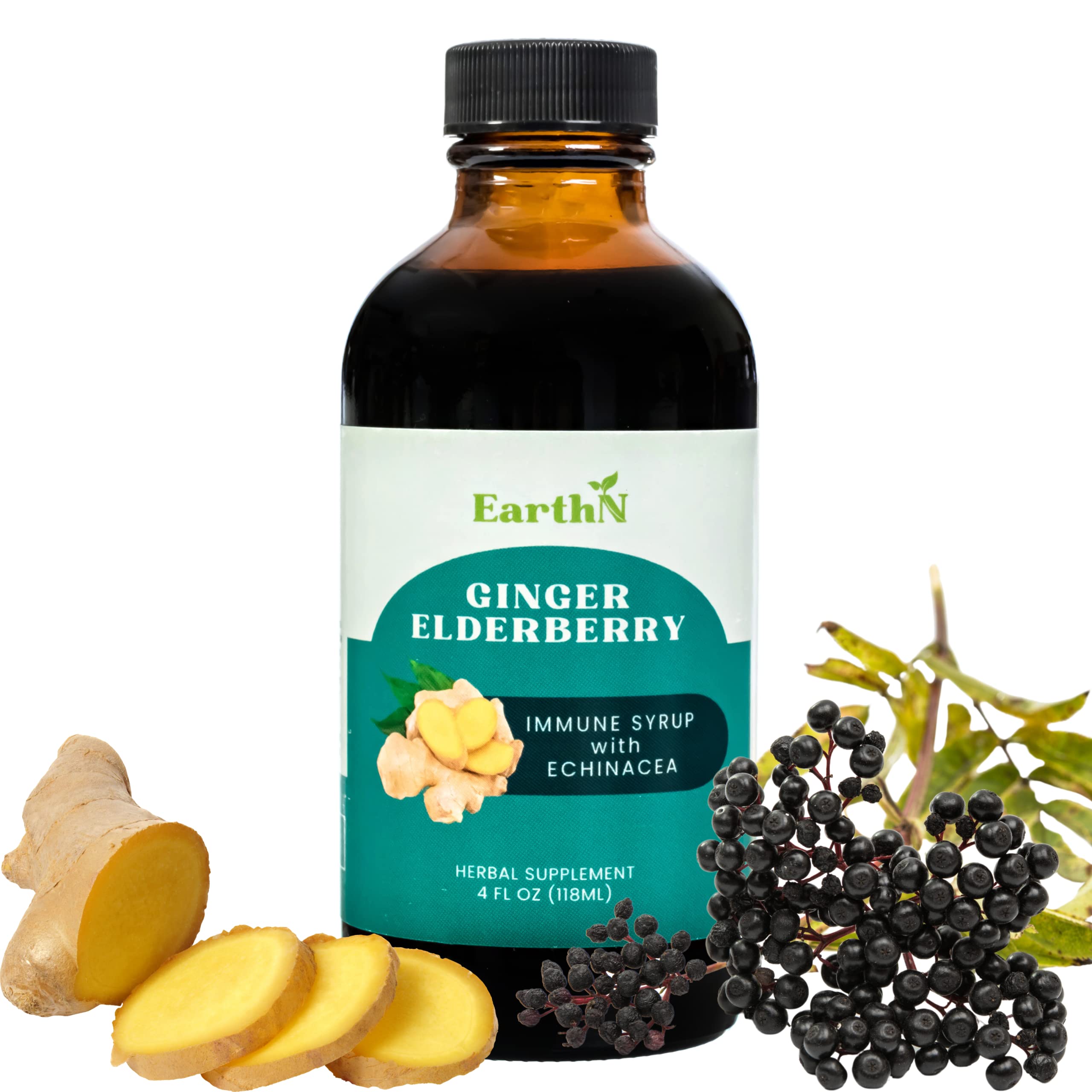 Ginger Elderberry Immune Syrup with Echinacea, Vitamin C & Honey - Organic 4 fl oz | Earthn
