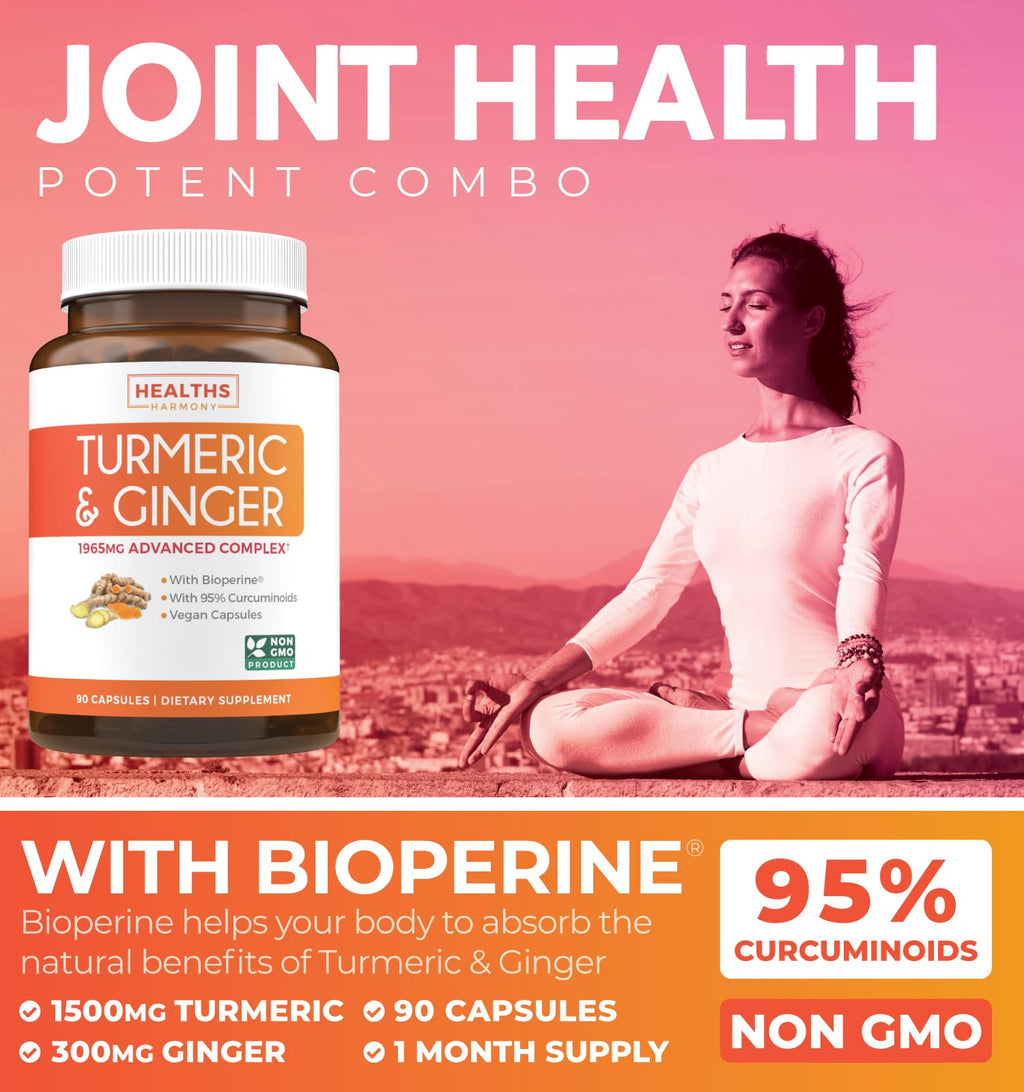 Turmeric and Ginger Supplement (Non-GMO) 1980mg Serving – Curcumin 95% with Black Pepper Bioperine, Ginger Extract, 90 Capsules