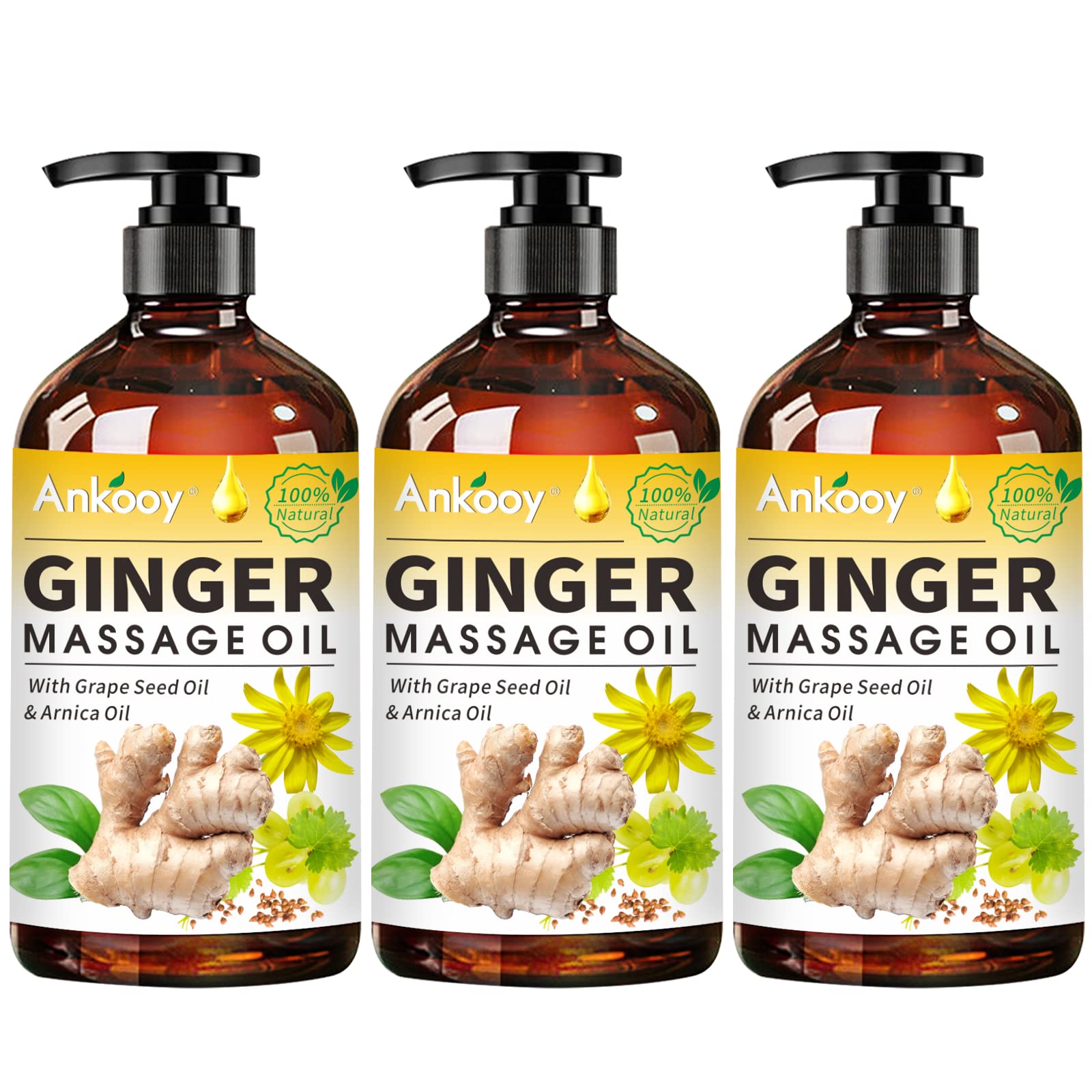 3 Pack Ginger Massage Oil – Arnica, Vitamin E & Grape Seed | Lymphatic Drainage | 100% Natural Ginger
