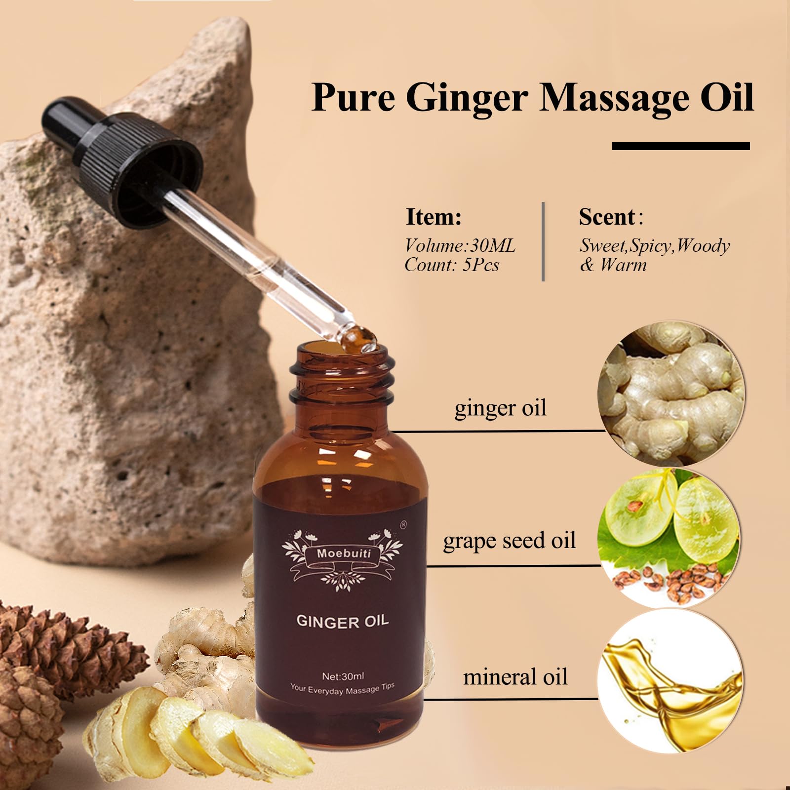 Ginger Oil – Pure Ginger Essential Oil (30ml x5) for Massage & Lymphatic Drainage
