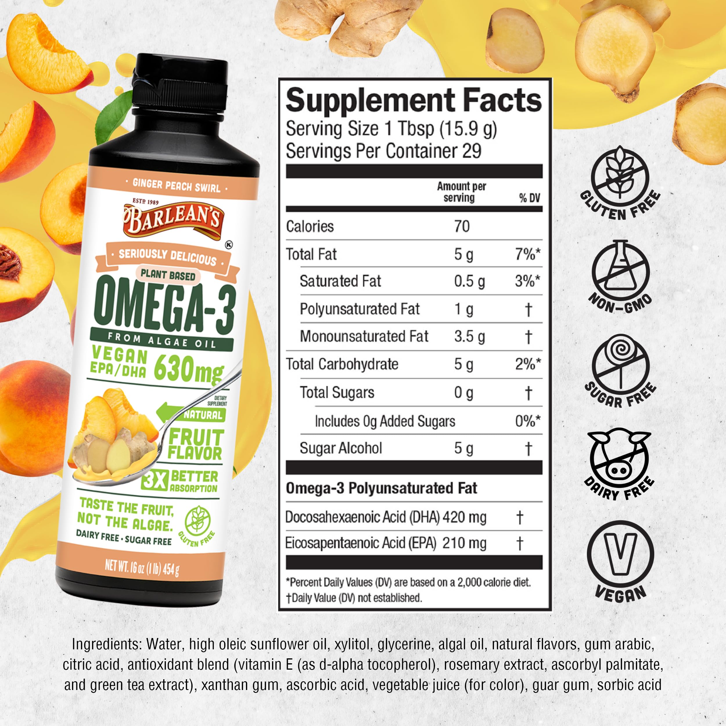 Barlean's Ginger Peach Vegan Omega-3 Algae Oil – 630 mg EPA & DHA, 16 oz