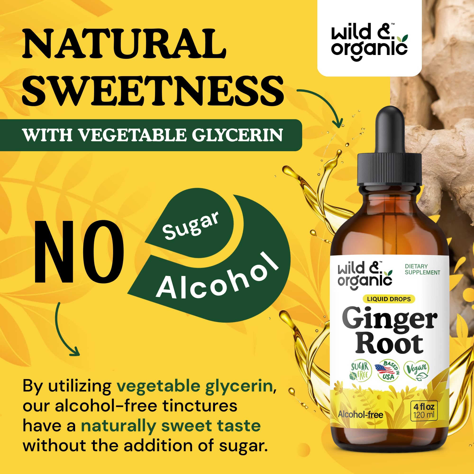 Wild & Organic Ginger Root Extract Drops - Immune & Digestive Support | Vegan, Sugar & Alcohol-Free 4 fl oz