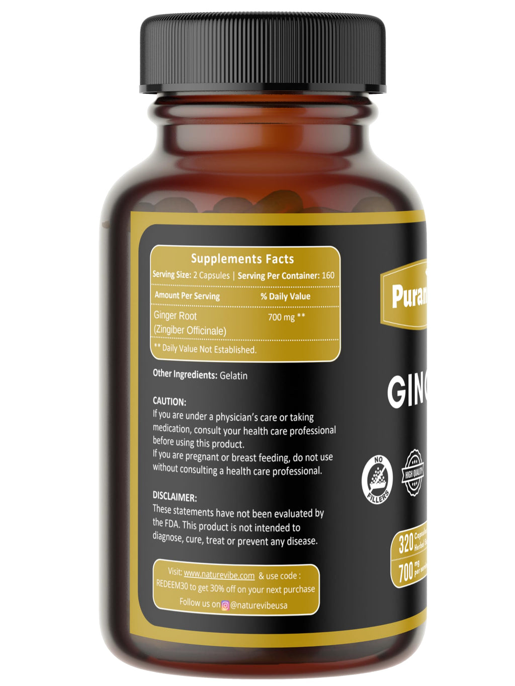 Puranicals Ginger Premium 320 Capsules – Non-GMO, Gluten Free, 700 mg per Serving, 100% Pure Ginger Root Powder
